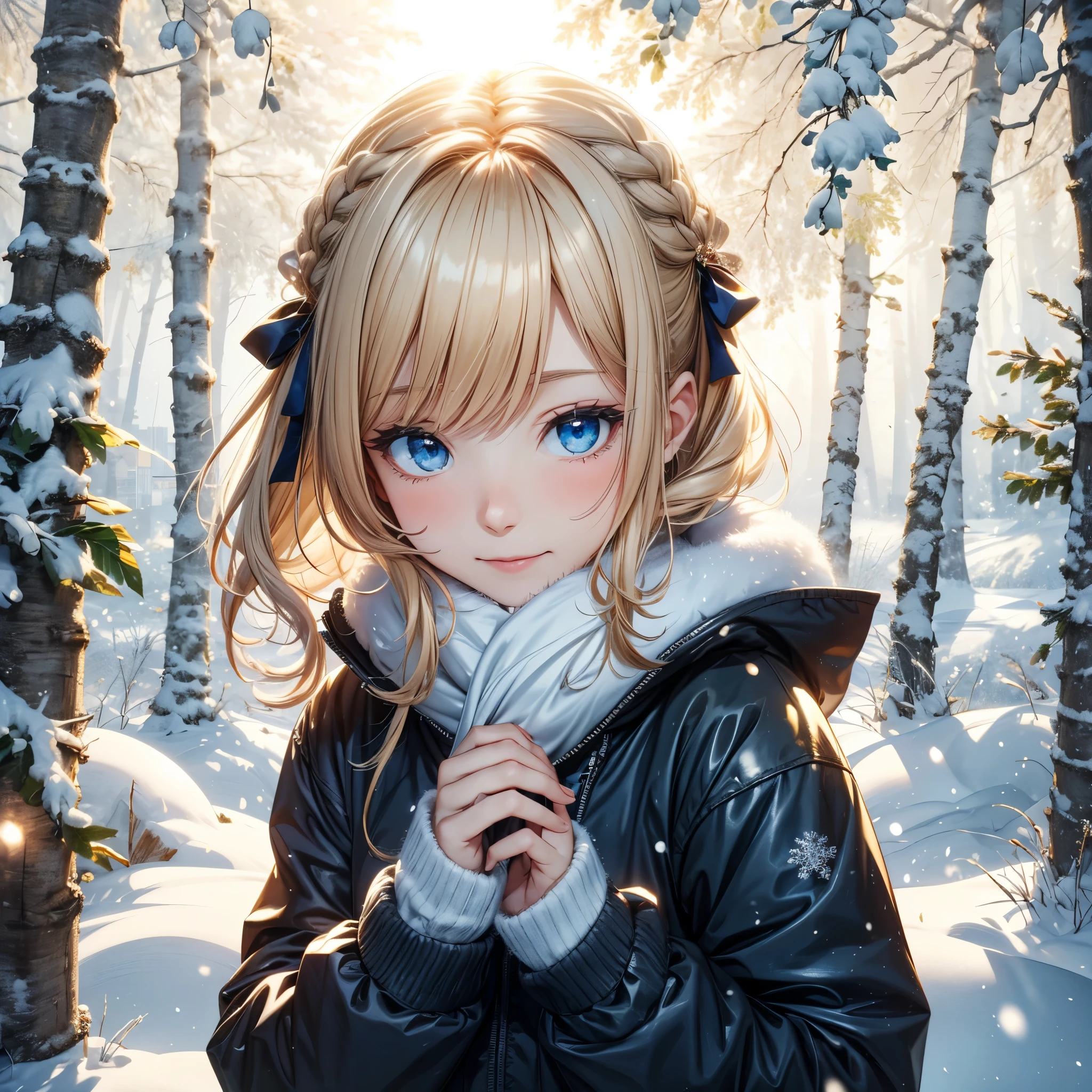 (​masterpiece),(top-quality:1.2),(1girl in),(masuter piece:1.3),exquisitedetails, top-qualityの8K解像度, Ultra-detailed, Realistic, Vibrant colors, Soft tones, With warm and gentle lighting, (snowy night:1.5),(Snowy city:1.4),designed for cozy aesthetics, wide skirt, Styling, With short hair,  Style, Beige, 2 0, Dynamic!!, Cute:2, F / 2 0, Roots and hay coat, lookbook, Vivid), 9, jimin, ( Side ) profile  (Smooth straight blonde hair:1.2),(Hair parted in the middle:1.3),(Glowing hair),(Dark blue eyes:1.3),(Hands close to the face:1.4),White skin, hair clips,Small necklace,A gentle feeling overflows,The sun's rays illuminate joy and pure love, Warm golden glow,The atmosphere is full of happiness and laughter, As if celebrating love,Ultra-detailed depiction and vivid colors,A Style that combines romanticism and realism,depth of love,color palettes,Create an ethereal atmosphere like a dream,Lighting is soft and diffused,​masterpieceアートワーク