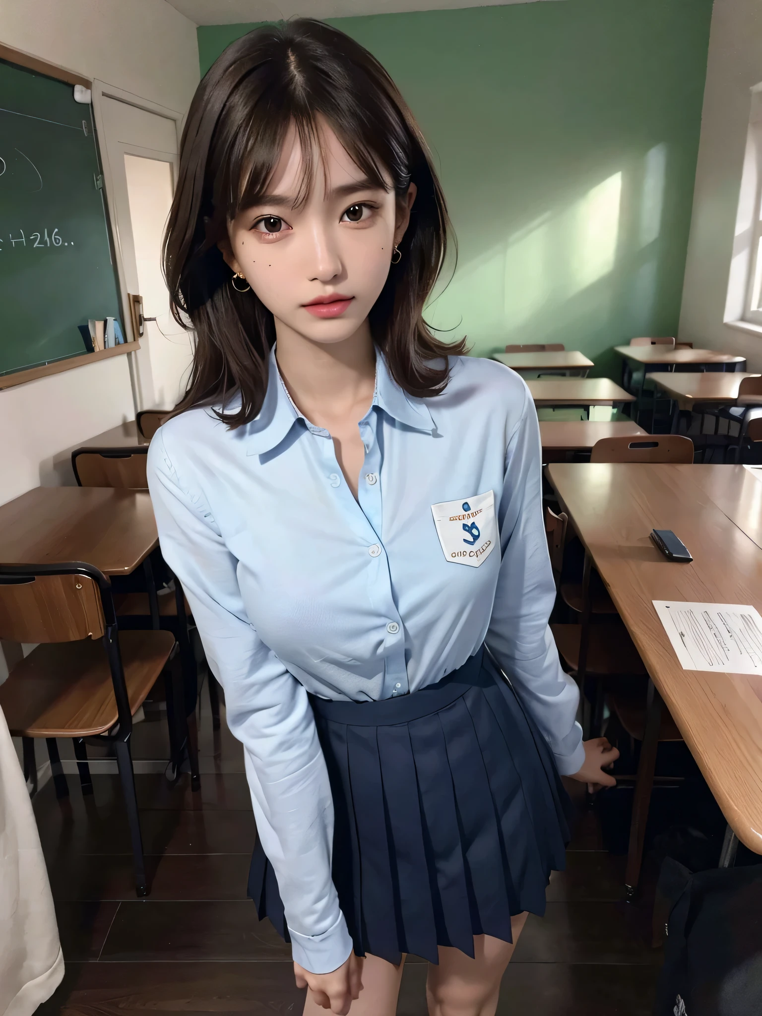 absurderes, Raw photo, Extremely delicate and beautiful, masutepiece, Best Quality, Ultra High Resolution, 16 K, hyper realisitic, Ultra-detailed, ((Perfect Anatomy)), Ultra-detailed細なスキン, Perfect figure, Very detailed CG 8k wallpaper, in her 20s, Very slim body, Narrow waist, Very small head, Very small face, Very detailed face, Very detailed eyes, tear moles, Earring, thin legs, (very massive round chest), 3 girls, (Full body shot), Bare legs, Short hair, Wavy Hair, light brown hair, ((School uniform)), (Blazer),