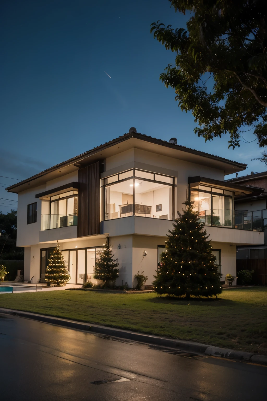 Realistic photography of Brazilian residential architecture with Christmas tree in front, anoite