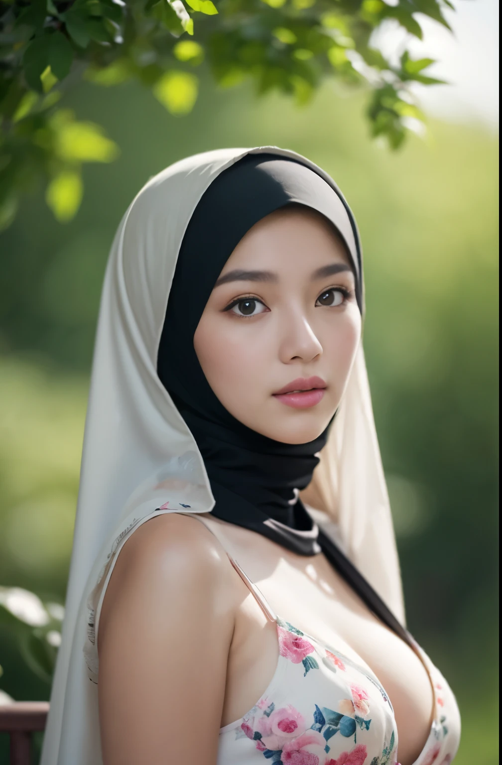 (Close-up of the painting style，Ultra HD 8K，Masterpiece grade CG wallpaper)，Cinematic lighting，cute girly，Delicate and beautiful face，Dreamy pupils，Wearing a small floral short summerdresound waist,hijabi,Bust poem,Sit，Cloudy background,the trees,florals,夏天,Chinese style buildings, cleavage, magical