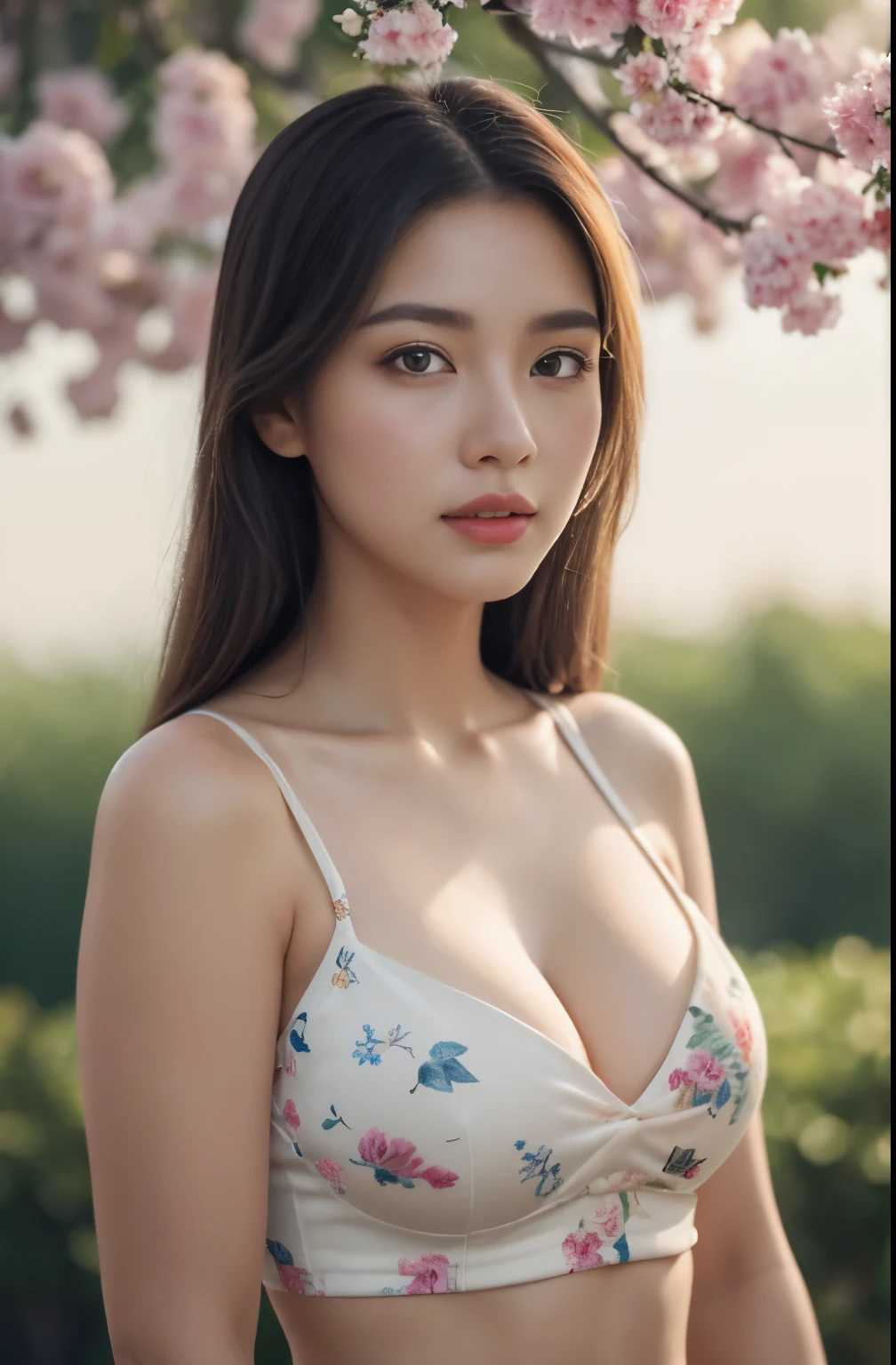 (Close-up of the painting style,Ultra HD 8K,Masterpiece grade CG wallpaper),Cinematic lighting,cute girly,Delicate and beautiful face,Dreamy pupils,Wearing a small floral short summerdresound waist,hijabi,Bust poem,Sit,Cloudy background,the trees,florals,夏天,Chinese style buildings, cleavage, magical