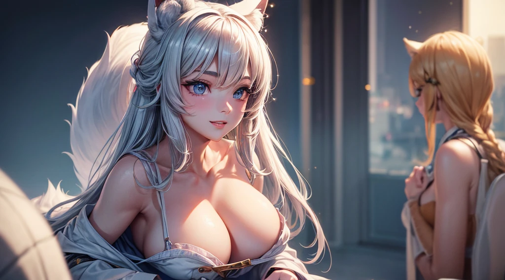 Cinematic footage, full medium closeup, a gorgeous 18-year-old kemonomimi woman soft pale skin, cute and youthful face, well-defined eyebrows, delicate nose, plump and round lips, ultra-detailed,  

photo-realistic, depth of field, cinematic lighting, IMAX camera, HDR, DTM, Full HD, 8k, flared, medium breasts, slim, smile, standing, 8K picture quality, sexy seduction, realistic:1.37 long, flowing:1.1 luscious, plump:1.1 

sparkling sequins:1.1 subtle, 0.9 soft, warm:1.1 best quality,4k,8k,highres,masterpiece:1.2, realistic,photorealistic,photo-realistic:1.37, ultra-detailed:1.1 busty animal ears, beautiful, detailed ears:1.1 best quality, 4k, highres, 

masterpiece:1.2 detailed, piercing eyes:1.1 4k, 8k, highres, masterpiece:1.2 very three-dimensional: 1.2, (3D:0.5,realistic:0.5,photorealistic:0.5), (Sharp focus: 1.5),  (sharp focus:1.2), (beautiful face:1.1), (eye makeup:1.2), (tight body:1.2), ((Masterpiece)), (highest quality))), ( Masterpiece:1.2), (Best Quality:1.3), (8k, best quality, masterpiece:1.2 ((masterpiece, best)), (best illustration),  (high detailed skin:1.2)