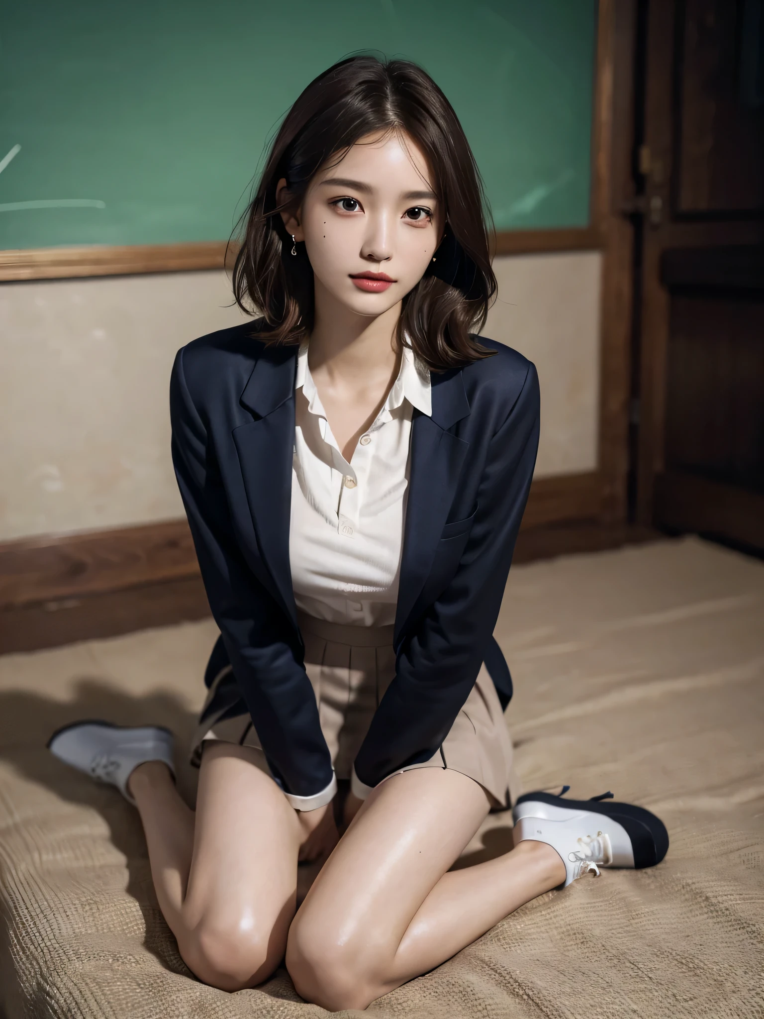 absurderes, Raw photo, Extremely delicate and beautiful, masutepiece, Best Quality, Ultra High Resolution, 16 K, hyper realisitic, Ultra-detailed, ((Perfect Anatomy)), Ultra-detailed細なスキン, Perfect figure, Very detailed CG 8k wallpaper, in her 20s, Very slim body, Narrow waist, Very small head, Very small face, Very detailed face, Very detailed eyes, tear moles, Earring, thin legs, (very massive round chest), 3 girls, (Full body shot), Bare legs, Short hair, Wavy Hair, light brown hair, ((School uniform)), (Blazer),
