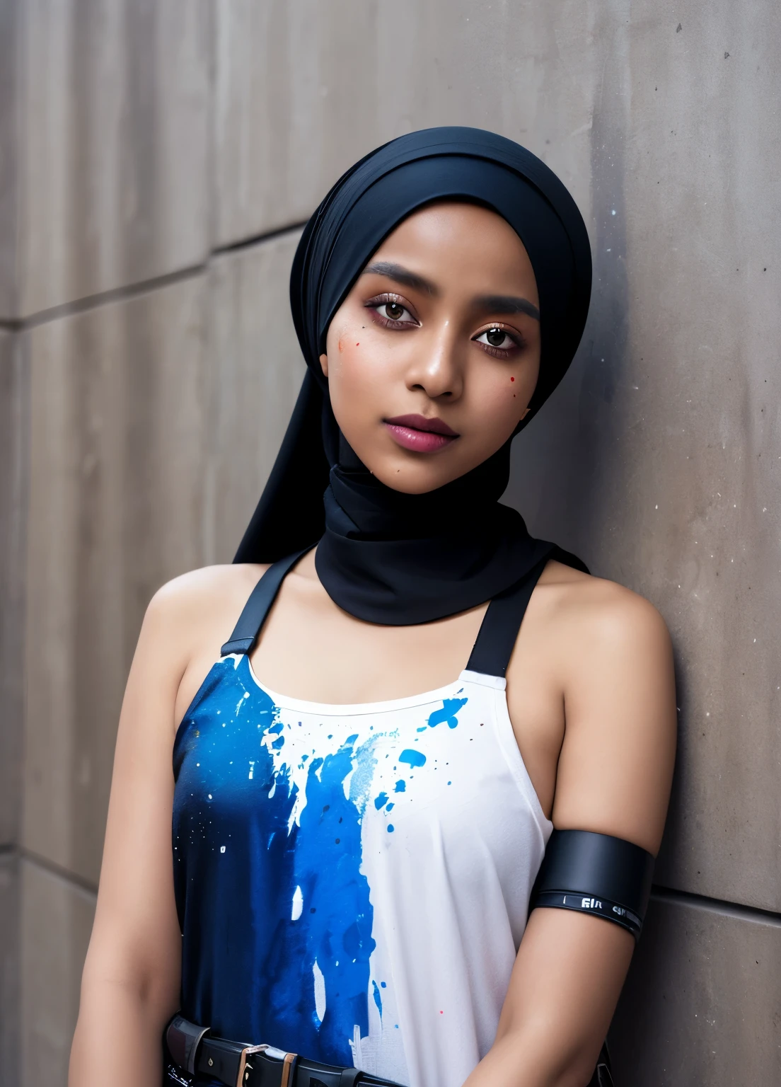 dark skinned hijabi, masterpiece, best quality, 1girl, solo, choker, paint splatter, arms behind back, against wall, looking at viewer, armband, thigh strap, paint on body, head tilt, multicolored hair