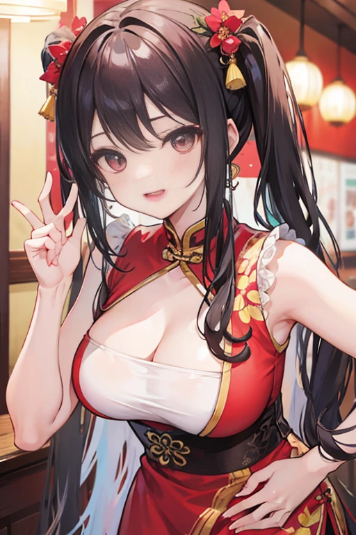 4K,hight resolution, Inside a lively Chinese restaurant, A cheerful girl wearing a red Chinese dress and yellow twintails(Dumplings):1.4,and various Chinese dishes., Her energetic attitude and bright smile add to the lively atmosphere.