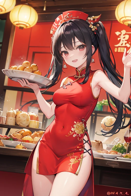 4K,hight resolution, Inside a lively Chinese restaurant, A cheerful girl wearing a red Chinese dress and yellow twintails(Dumplings):1.4,and various Chinese dishes., Her energetic attitude and bright smile add to the lively atmosphere.