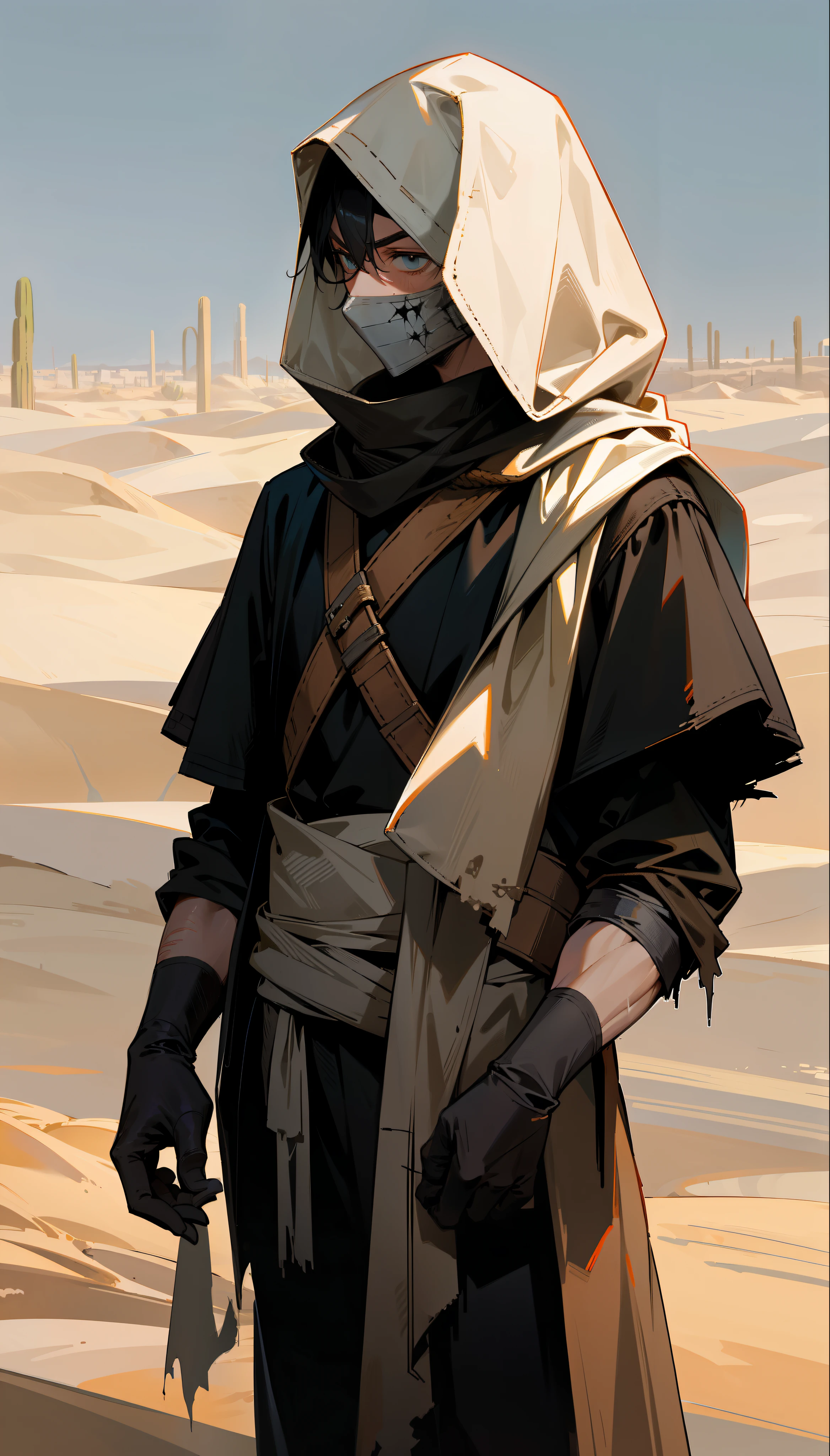 an assassin wearing shrouded torn clothes in the desert, menacing look on his face. young male, sharp eyes