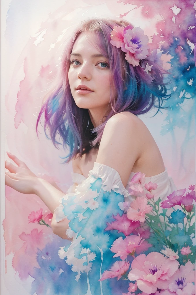 1girl,flower, Lisianthus ,in the style of light pink and light azure, dreamy and romantic compositions, pale pink, ethereal foliage, playful arrangements,fantasy, high contrast, ink strokes, explosions, over exposure, purple and red tone impression , abstract, ((watercolor painting by John Berkey and Jeremy Mann )) brush strokes, negative space,