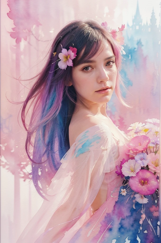 1girl,flower, Lisianthus ,in the style of light pink and light azure, dreamy and romantic compositions, pale pink, ethereal foliage, playful arrangements,fantasy, high contrast, ink strokes, explosions, over exposure, purple and red tone impression , abstract, ((watercolor painting by John Berkey and Jeremy Mann )) brush strokes, negative space,