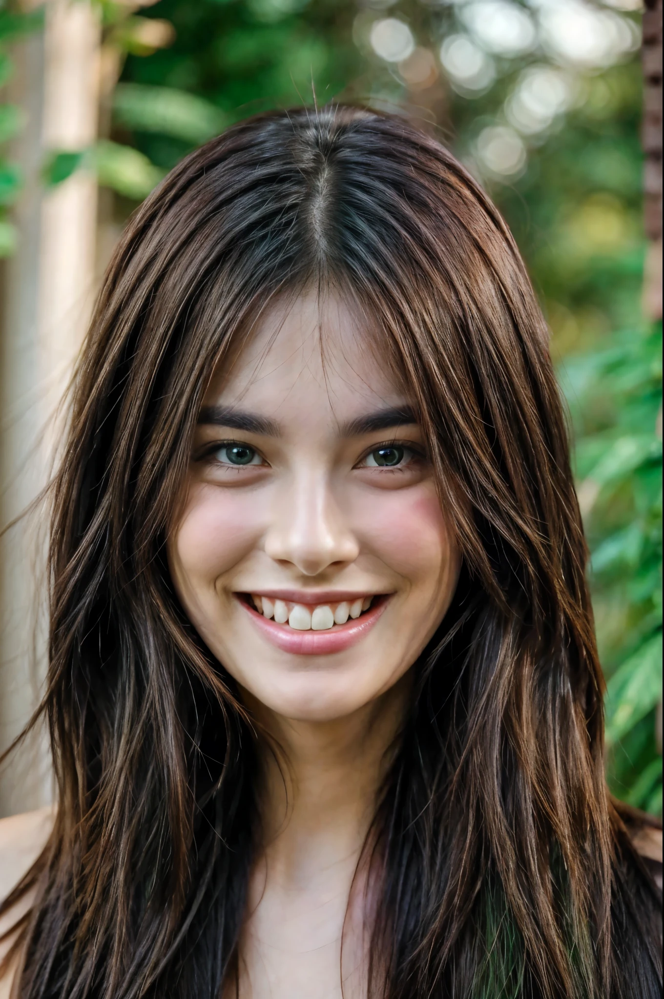 Beautiful brunette, laughing, green eyes, long hair, front face