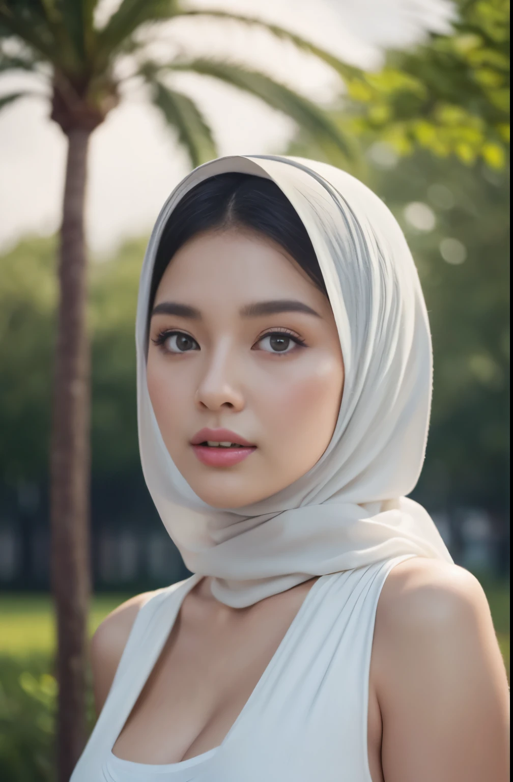 (Close-up of the painting style，Ultra HD 8K，Masterpiece grade CG wallpaper)，Cinematic lighting，cute girly，Delicate and beautiful face，Dreamy pupils，Wearing a small floral short summerdresound waist,hijabi,Bust poem,Sit，Cloudy background,the trees,florals,夏天,Chinese style buildings, cleavage, magical