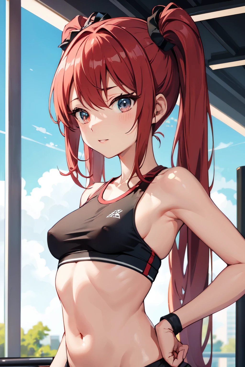 ((best quality)), ((master part)), (circunstanciado), rosto perfeito, gym, anime girl, small boobs, black shirt