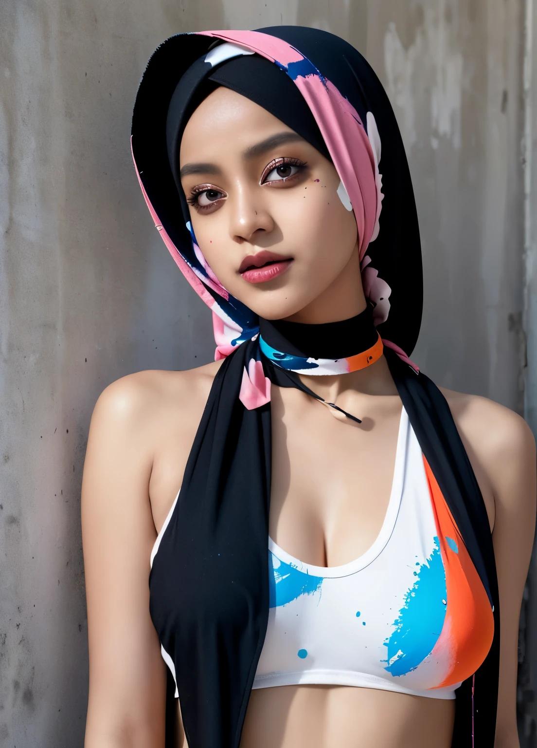 dark skinned hijabi, masterpiece, best quality, 1girl, solo, choker, paint splatter, arms behind back, against wall, looking at viewer, armband, thigh strap, paint on body, head tilt, multicolored hair