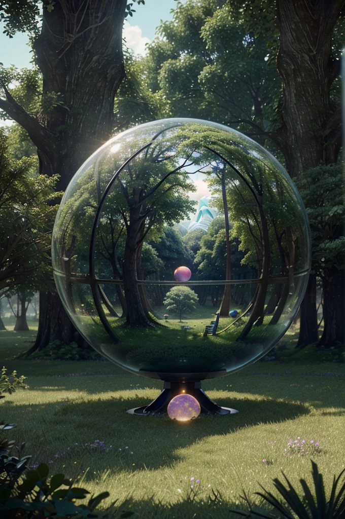 (((masterpiece))) (((best quality))) glass sphere, close-up of a planet with a bunch of trees on it, overgrown planet, green planet, fractal world, fantasy overgrown world, fantasy planet, Dyson sphere, pink planet, 3D render beeple, planetary landscape, round planet inspired by Jofra Bosschart, planet, futuristic world, psychedelic flower planets, ethereal world, (outgoing glow)