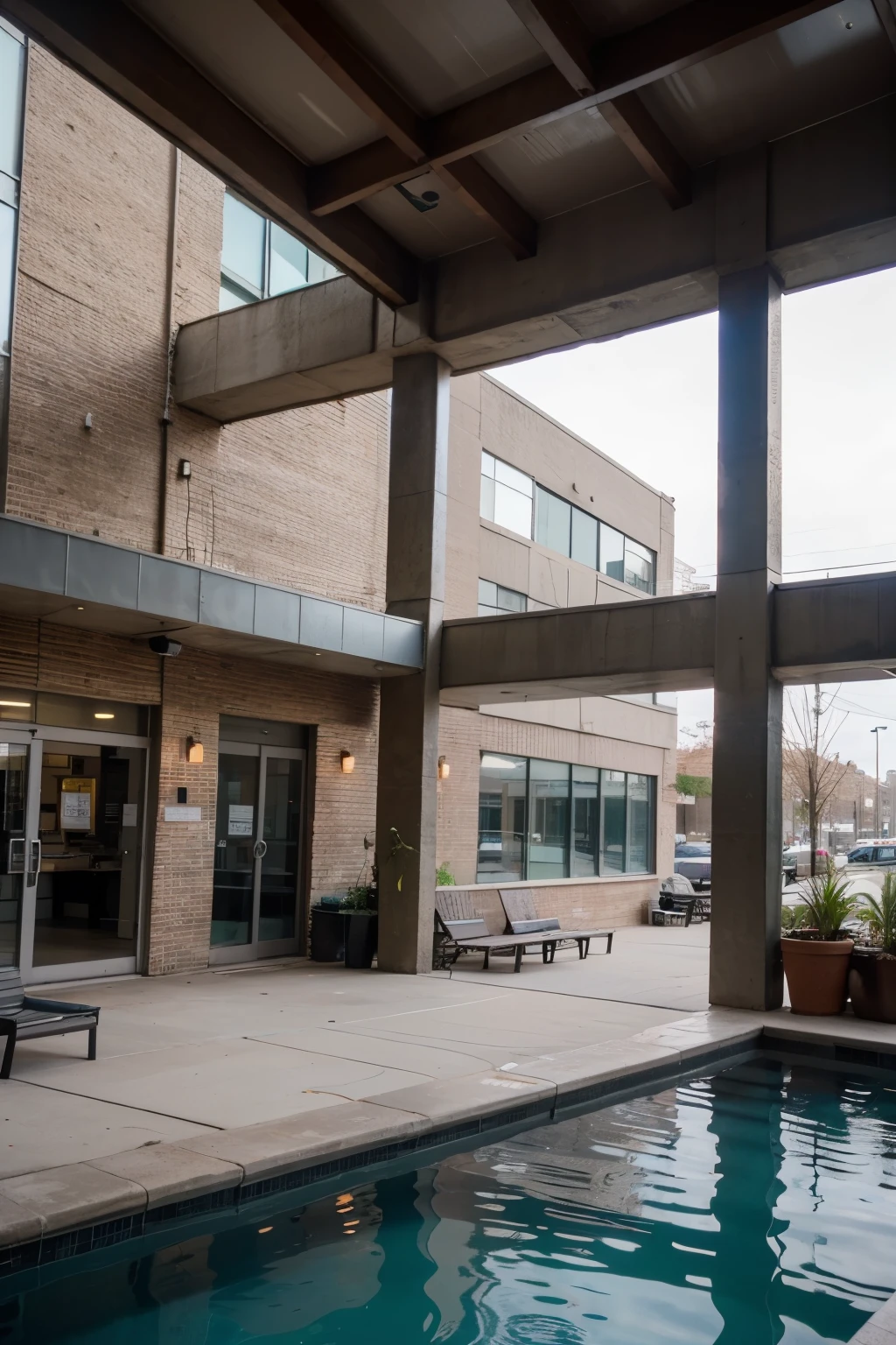 exterior space of commercial complex, located in next to the highway, exposed materials such as brick, good light contrast, small pool with many fountains, potted plants. "industrial architectural style", architectural photography