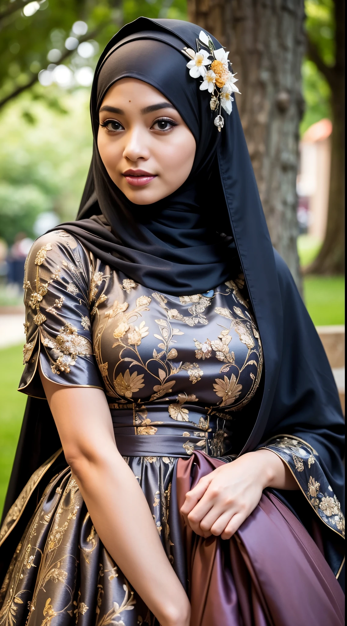 ( Close Up),RAW, Best quality, high resolution, masterpiece: 1.3), beautiful Malay woman in hijab, Masterpiece, perfect body, Big breasts, thick thighs, beautiful big eyes, mole under the eyes, long eyelashes, big eyes, beutifull face, Soft smile, woman wearing a black and brown floral dress, modest flowing gown, full covered dress, royal gown, muslim dress, frock, beautiful silky dress, wearing a long flowery dress, sophisticated dress, royal brocade dress, brocade dress, baroque dress, ornate royal gown, flowery dress, very beautiful and elegant, extravagant dress, beautiful soft silky dress , romantic dress , illustrious clothes Soft turtleneck, evening walk, garden park, Great lighting, Bright colors, Clean lines