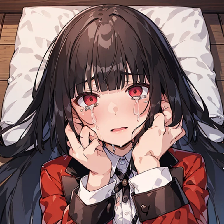 (looking at viewer, open eyes, closeup breast, typemoon, official art, ), solo, 1female,  crying female, embarrassed,  hands on cheeks:1.5, cool face, front face, on bed, pillow, (masterpiece, ultra detailed, best quality, high res, ultra HD, detailed soft skin, detaled cute kawaii face, enormous gigantic tits:1.5, gigantic tits fuck, ), 
POV Tits Fuck, (very long hair, balck hair, jacket, red_jacket, red_eyes, bangs, school_uniform, straight hair, blunt_bangs,empty eyes),