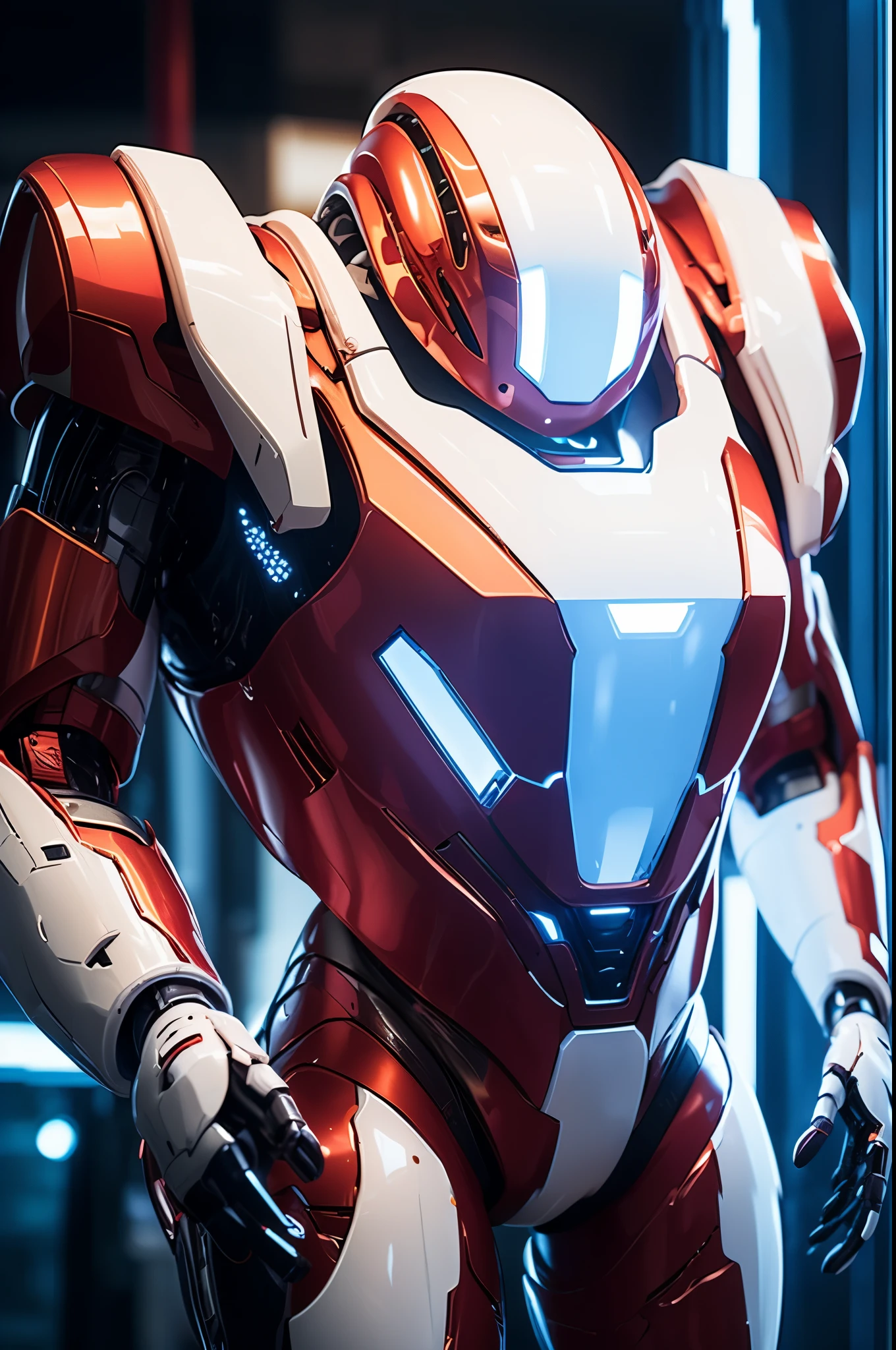 an animal-type cyber-style robotic rabbit: "Imagine an animal-type cyber-style robotic rabbit with a sleek, red and
white metallic body that gleams with a pristine sheen. From within its powerful frame, a radiant, mesmerizing blue
light emanates, creating a captivating spectacle. This blue light serves as a powerful and striking contrast against
the rabbit's black metallic exterior, accentuating its cybernetic features and exuding an aura of futuristic allure.
The rabbit's form embodies both strength and cutting-edge design. Now, create an image that vividly captures the
essence of this animal-type robotic rabbit, showcasing its futuristic allure and undeniable power. The image should
transport viewers to a world where technology and nature seamlessly merge, giving rise to this extraordinary
creation.