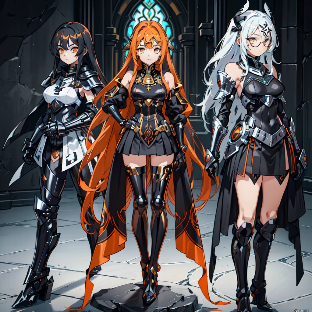 3 young women(((corpo inteiro))), standingn, muita roupa, (((One character))), Feminino, (((Pele Escura))), uma misttura de teclologico e tribal, Cabelo preto com Rabo de cavalo, Olhos Azuis-Claros, Round Glasses with a Lightly Dark Lens with this Lens being Orange, and the Light Blue frame, ((Black Metallic Gauntlets and Greaves with Orange and Silver Highlights)), (((As Roupas tem uma Mistura de Moderno e Tribal))), tendo em sua Maioria a Cor Preta, mas tendo Partes em Laranja, Shoulders on Display, On the Hip, a Short that extends to Half the Thigh in black.