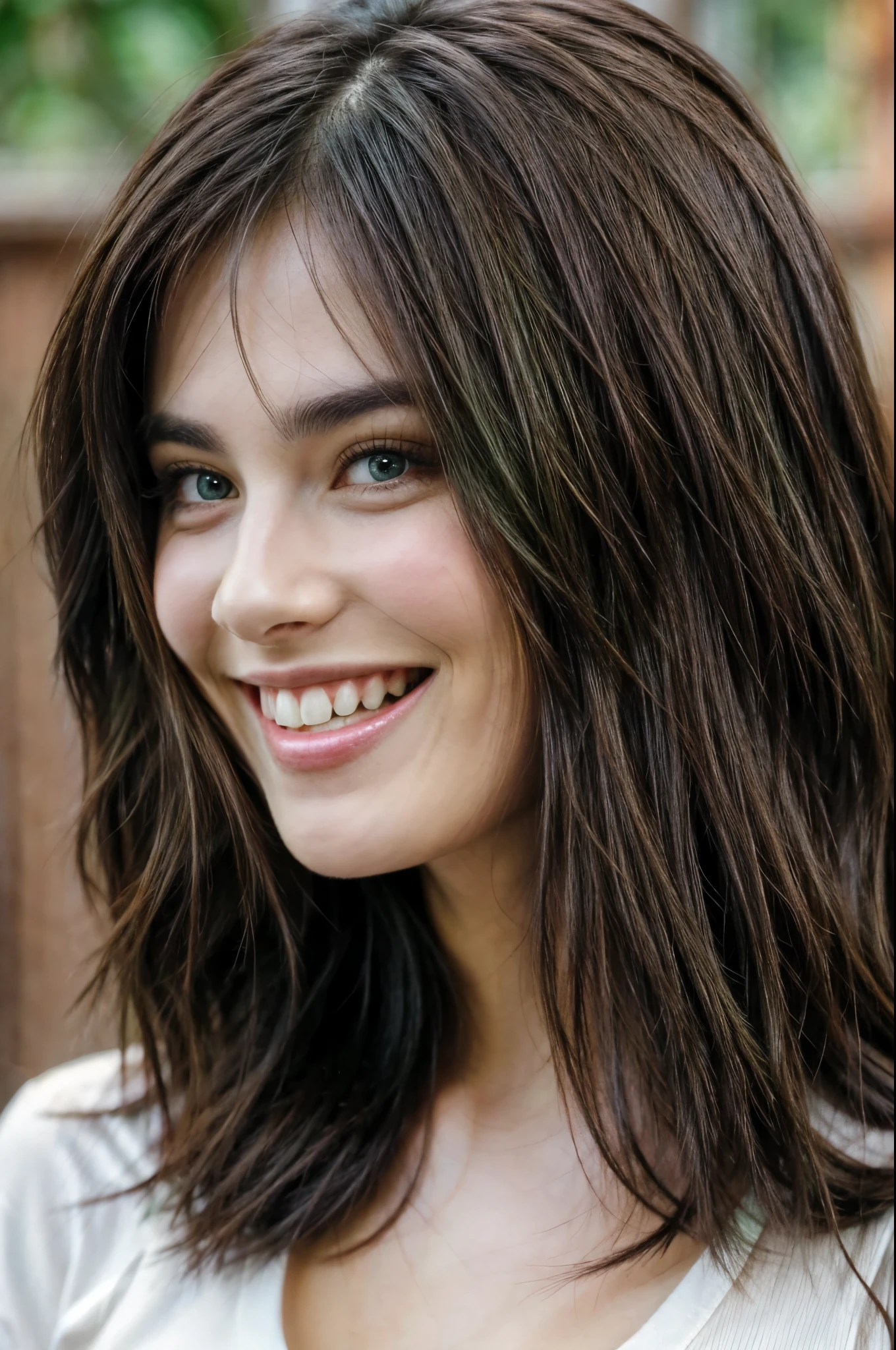 Beautiful brunette, laughing, green eyes, long hair, front face