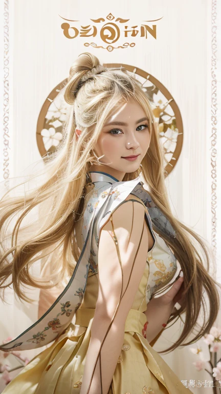 red eyes,blonde hair with bun and hairpin,white and gold qipao,portrait,traditional Chinese painting style,vibrant colors,soft lighting,blossoming cherry blossoms,delicate makeup,intense gaze,graceful posture,noble demeanor,subtle smile,fine details,detailed embroidery,flowing fabric,natural background,harmonious composition,beautifully stylized,highly realistic,ultra-detailed,professional quality exquisite,artistic masterpiece