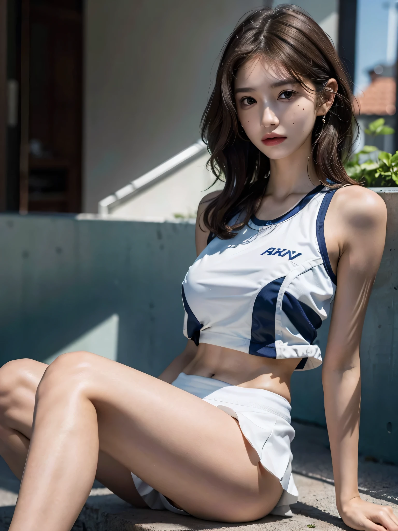 absurderes, Raw photo, Extremely delicate and beautiful, masutepiece, Best Quality, Ultra High Resolution, 16 K, hyper realisitic, Ultra-detailed, Perfect Anatomy, Ultra-detailed細なスキン, Perfect figure, Very detailed CG 8k wallpaper, in her 20s, Very slim body, Narrow waist, Very small head, Very small face, Very detailed face, Very detailed eyes, tear moles, Earring, thin legs, ((very massive round chest)), 3 girls, Full body shot, Bare legs, Short hair, Wavy Hair, light brown hair, ((Tennis Uniform)), Sleeveless, Midriff,