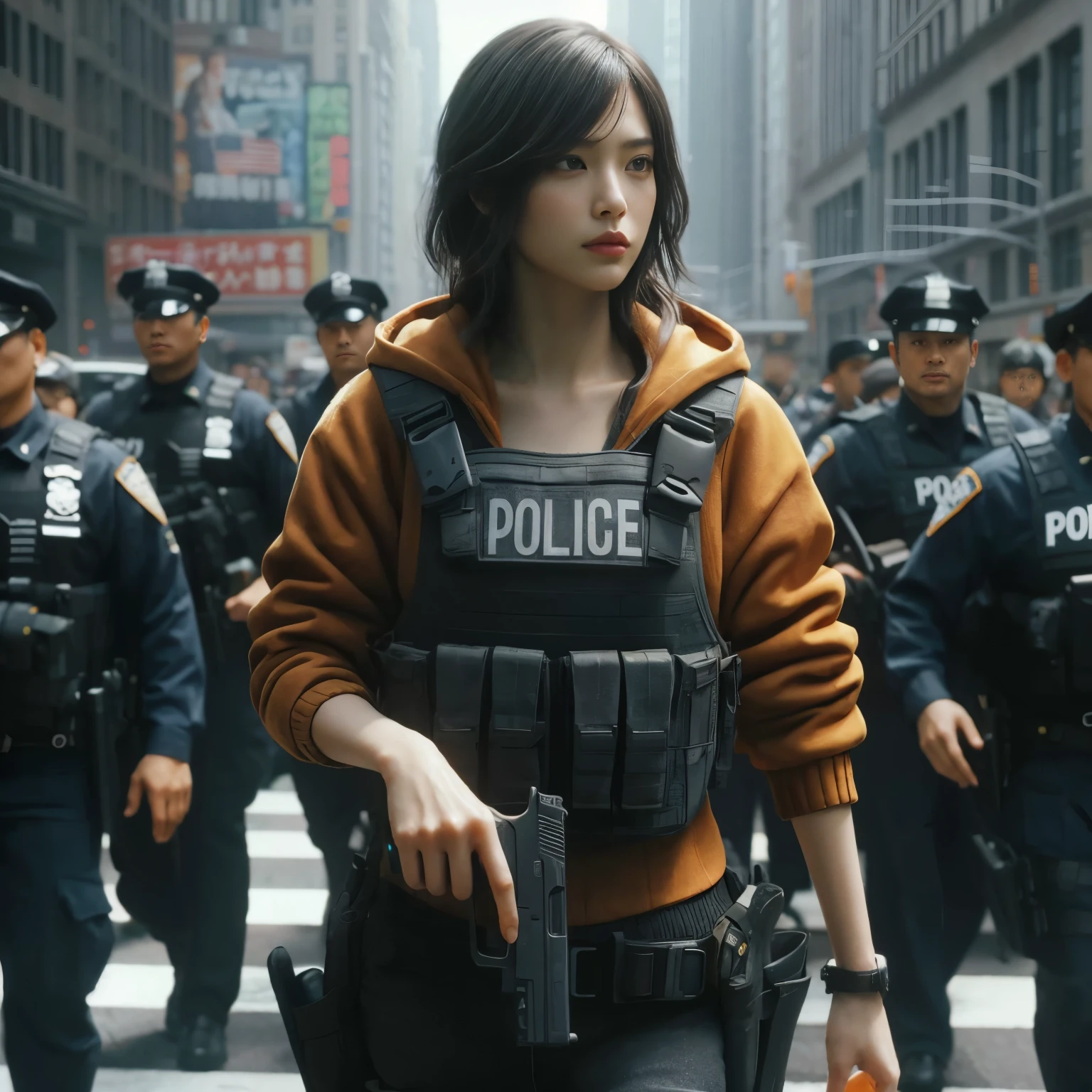 Photorealsitic、realistic skin textures、automatic rifle、