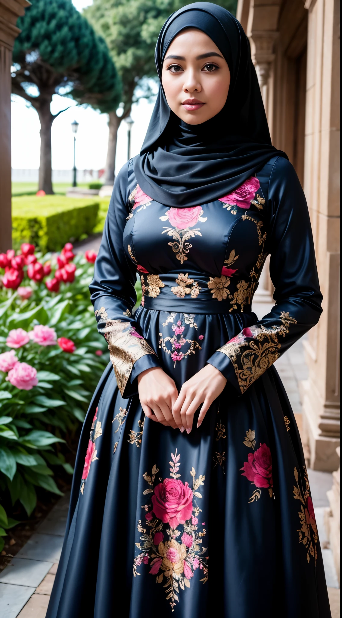 ( Close Up),RAW, Best quality, high resolution, masterpiece: 1.3), beautiful Malay woman in hijab, Masterpiece, perfect body, Big breasts, thick thighs, beautiful big eyes, mole under the eyes, long eyelashes, big eyes, beutifull face, Soft smile, woman wearing a black and brown floral dress, modest flowing gown, full covered dress, royal gown, muslim dress, frock, beautiful silky dress, wearing a long flowery dress, sophisticated dress, royal brocade dress, brocade dress, baroque dress, ornate royal gown, flowery dress, very beautiful and elegant, extravagant dress, beautiful soft silky dress , romantic dress , illustrious clothes Soft turtleneck, evening walk, garden park, Great lighting, Bright colors, Clean lines