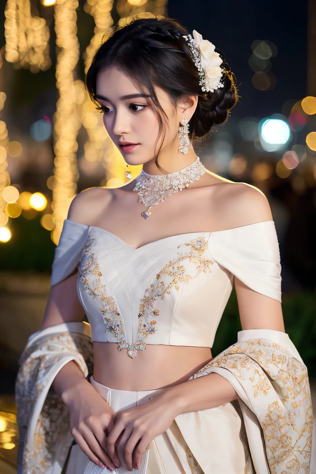 age 21, Create an image of an elegant person with soft, shoulder-length hair in a half-up, half-down hairstyle adorned with white flowers. They have a gentle, thoughtful expression and are touching their chin delicately with one hand. They wear a luxurious white off-shoulder gown with ruffled sleeves and a fitted bodice that flows into a full skirt. The gown is detailed with delicate embroidery and paired with a feathered accessory that adds a touch of sophistication. They are also wearing intricate floral-themed jewelry, including a choker-style necklace and long dangling earrings. The background is a blurred cityscape at night, with shimmering golden lights creating a bokeh effect.