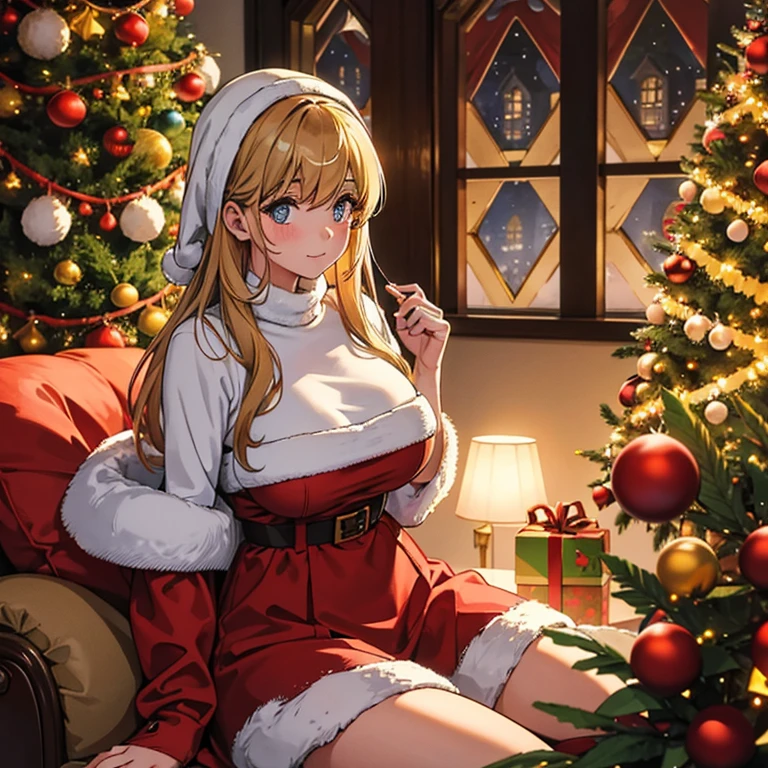 Beautiful eyes, Christmas atmosphere, contour map of the interior of St. Christopher's house with 1960s homemade Christmas decorations and voluminous lighting, sitting girl