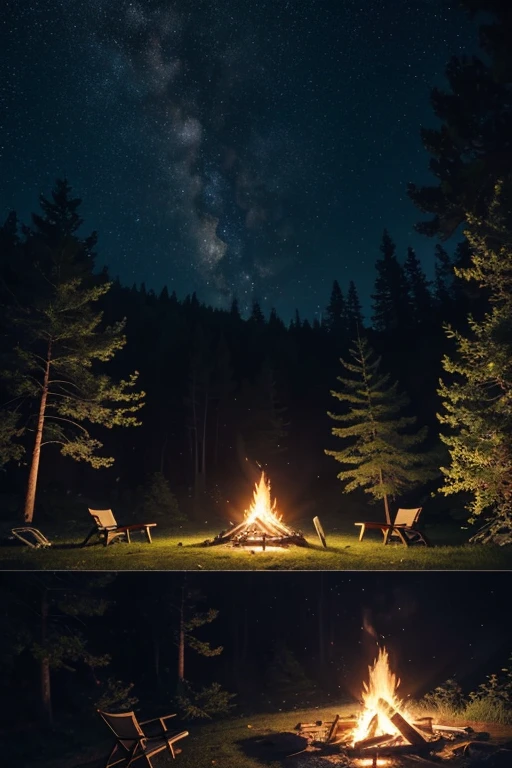 landscape, summer, night, forest, campfire in one place, unmanned, nobody, starry sky, HD detail, ultra detail, film, hyper realism, soft light, deep focus bokeh, ray tracing, hyper realism. , Art Station pixiv Gwise, Makoto Shinkai, Art Germ