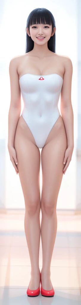 On a white background,A tall and beautiful Chinese girl,with fair skin,Toothy smile,A big smile,When you laugh, Your eyes are crescent-shaped,blunt bangs, long straight hair,Wear a one-piece swimsuit and pumps,Swimsuits are decorated with joyful patterns, Stand up straight,Stand upright,hands on sides,Symmetrical distribution,Ray tracing,All shaded areas,No windows, Soft lighting, Warm light,Without sunlight, Studio light, 1.4x Realistic Ultra HD