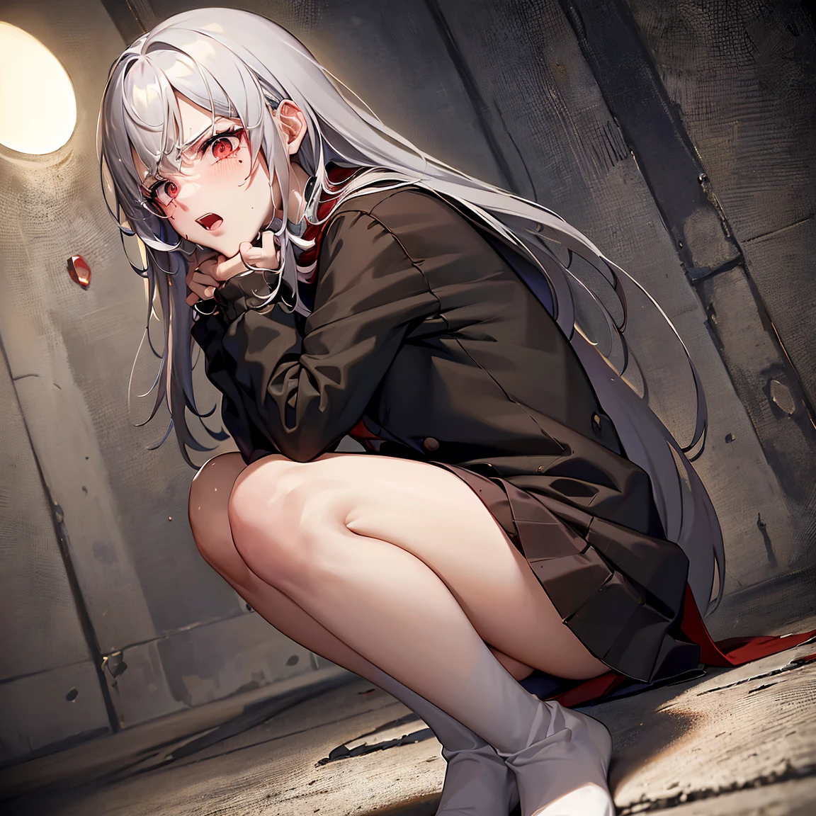 "(Best Quality,4K,hight resolution:1.2),Vivid colors,Ultra-detailed,Comic style,Portrait,Front view,angry,sad,desperate expression,Blood stains on the face and body,Teary eyes,Blood splashes on the walls,circular spotlight on the wall,Waist-length fluffy gray hair,Crouching, turn your knees inward, wearing a dark gray coat, White Sailor Uniform, red cloth scarf, Black stockings"