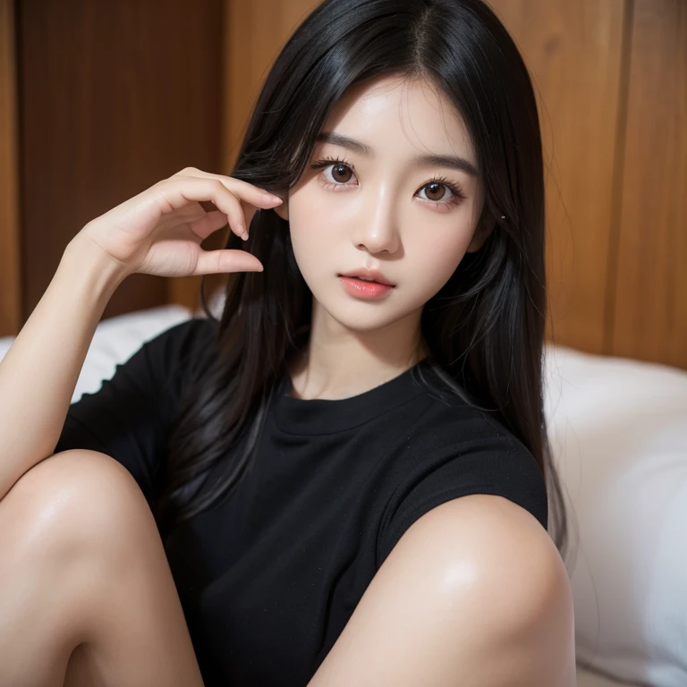 En primer plano hermosa chica con cabello largo, vestido negro, chica joven coreana, asian features, young adorable asian face, Asian face,