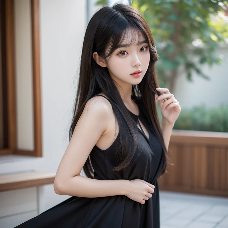 En primer plano hermosa chica con cabello largo, vestido ?????, chica joven coreana, asian features, young adorable asian face, Asian face,