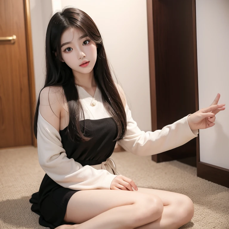 En primer plano hermosa chica con cabello largo, vestido negro, chica joven coreana, asian features, young adorable asian face, Asian face,