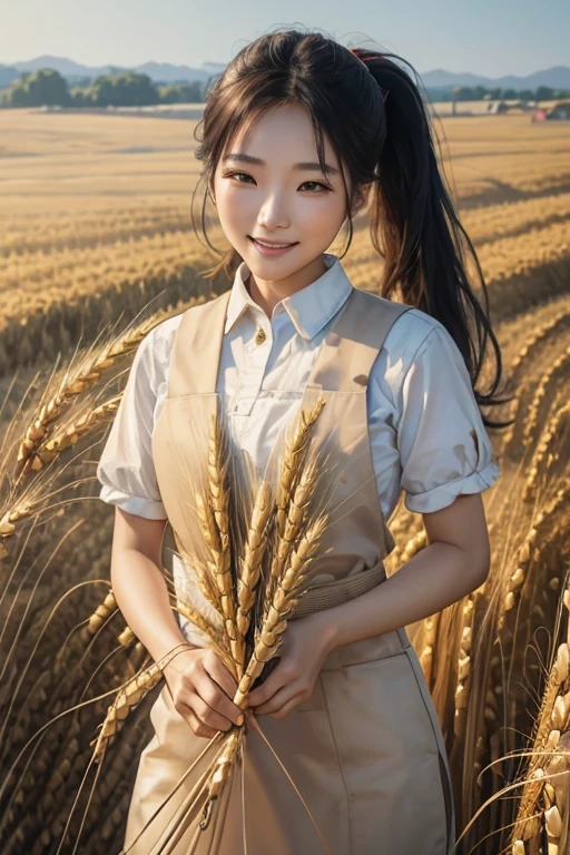 Korean woman, (masterpiece, beautiful person, polluted smile), virtual YouTube, doing farm work in the country, (being (cutting wheat: 1.4)), fertilizing, weeding, plain face, no makeup, country girl, ponytail, detailed skin texture, detailed cloth texture, fine and detailed face. Masterpiece, slim waist, slim body.