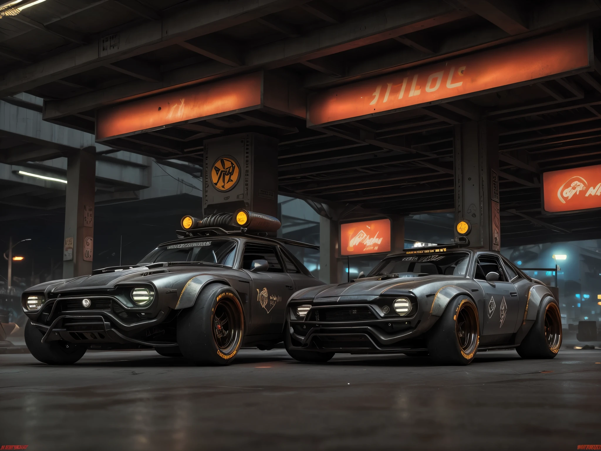 Front view by 3/4 ((futuristic cyberpunk Hotrod hotweals)) (with luminous tires), at parking area.,gas station at night.,