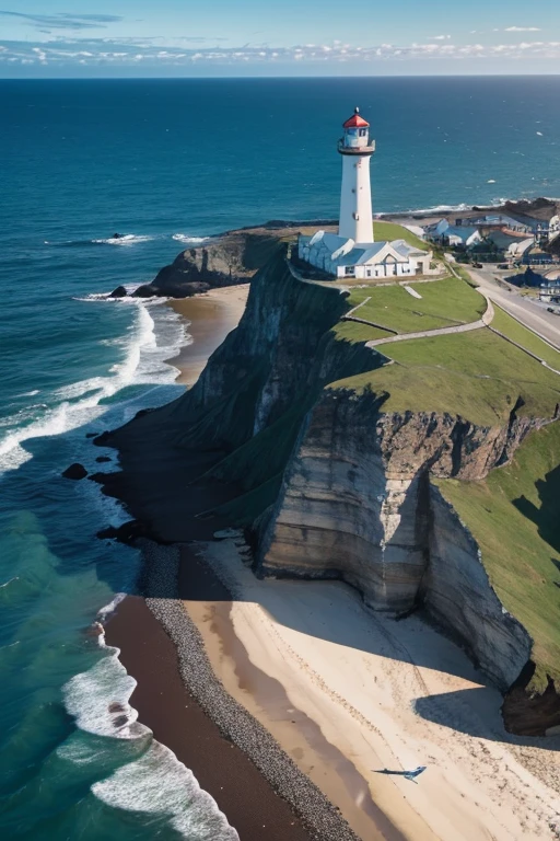(masterpiece, top quality: 1.1), bird's eye view, asymmetry, blue sea, low tide, sea wave, sea route, coastal road, sandy beach, shell, pier, yacht, boat, ship wake, shipwreck, steamer, contrail, car, tourist, lighthouse, seagull , horizon, wind, summer, hat, morning, sunny, cloud, calm, fresh air, depth of field