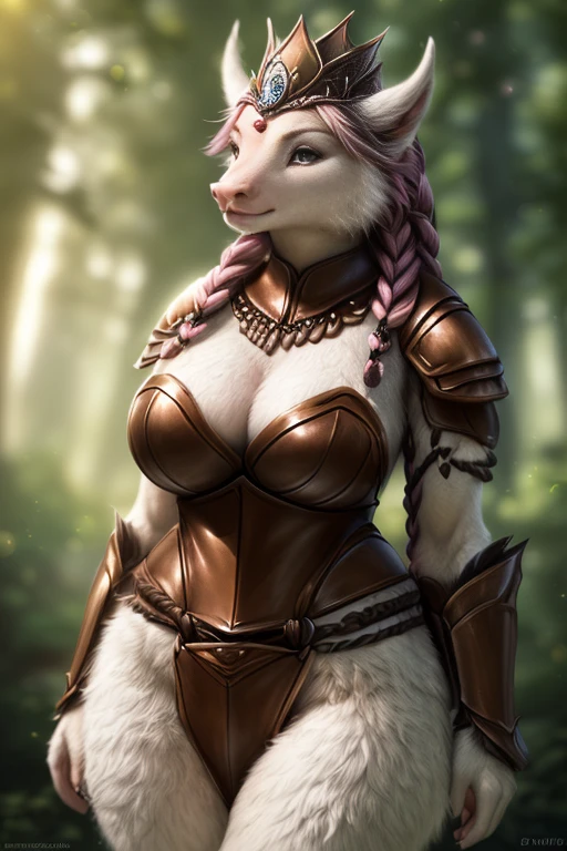 solo, 1girl, Furry, anthropomorphic, female,furry fantasy art, forest hunter lady, druid, cattle, horns, large breasts, large cleavage, alluring expression, thick tights, strong, ((hoovelack hair with braids, pink white snout, tall, tight fitting brown leather armor, ((diadem)), white fur without, (((full body portrait))), forest, high quality, masterpiece, (cinematic lighting:1.1), (perfect focus:1.1), 8k hd, photo, (detailed eyes:1.2),depth of field, bokeh, subsurface scattering, wide angle, bright colorurry detail:1.3),detailed background,realistic, photorealistic, ultra realistic,(fluffy:1.3), (realistic fur:1.1), (extreme fur detail:1.2)