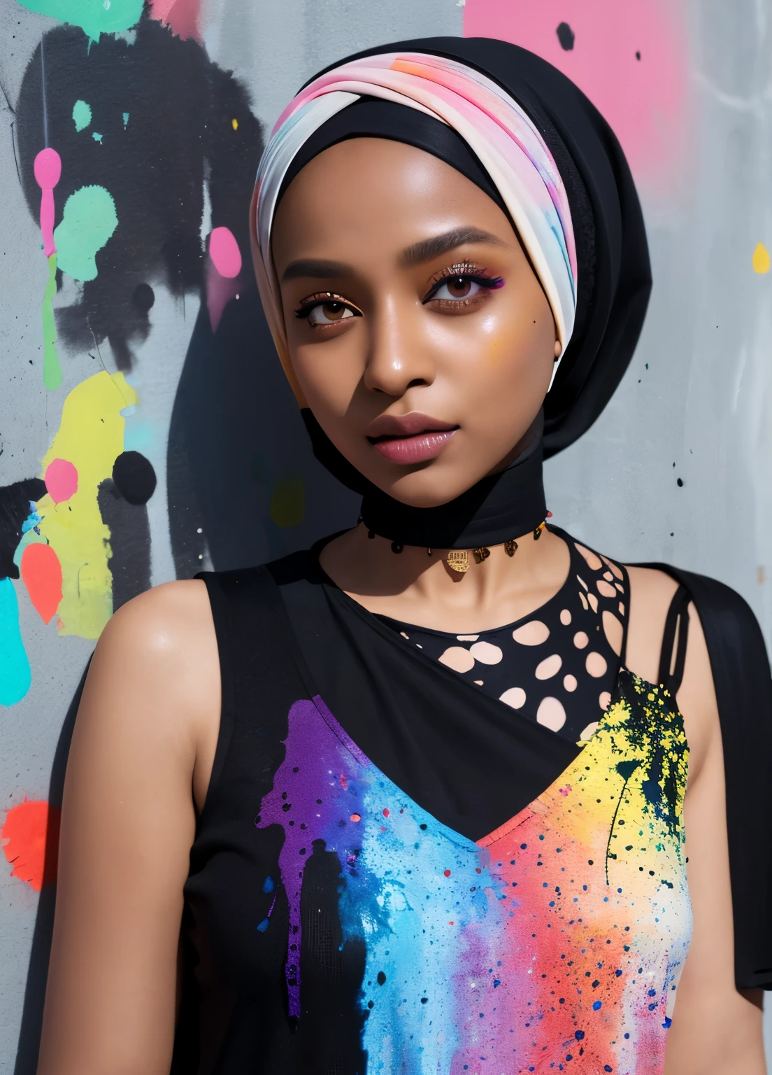 dark skinned hijabi, masterpiece, best quality, 1girl, solo, choker, paint splatter, against wall, looking at viewer, armband, thigh strap, paint on body, head tilt, multicolored hair
