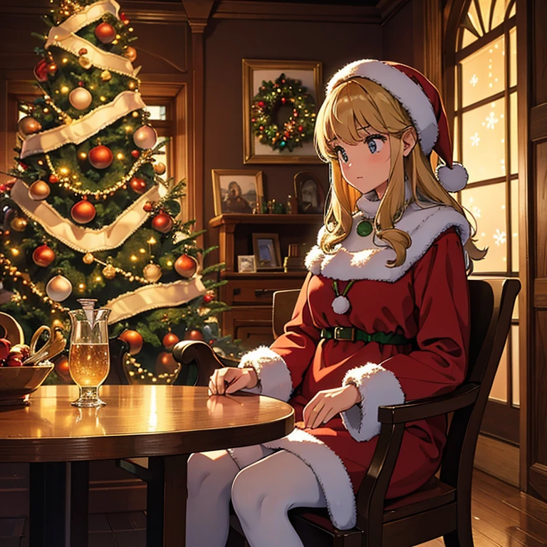 High resolution, Christmas atmosphere, looking away, contour map of the interior of St. Christopher's house with 1960s homemade Christmas decorations and voluminous lighting, sitting girl