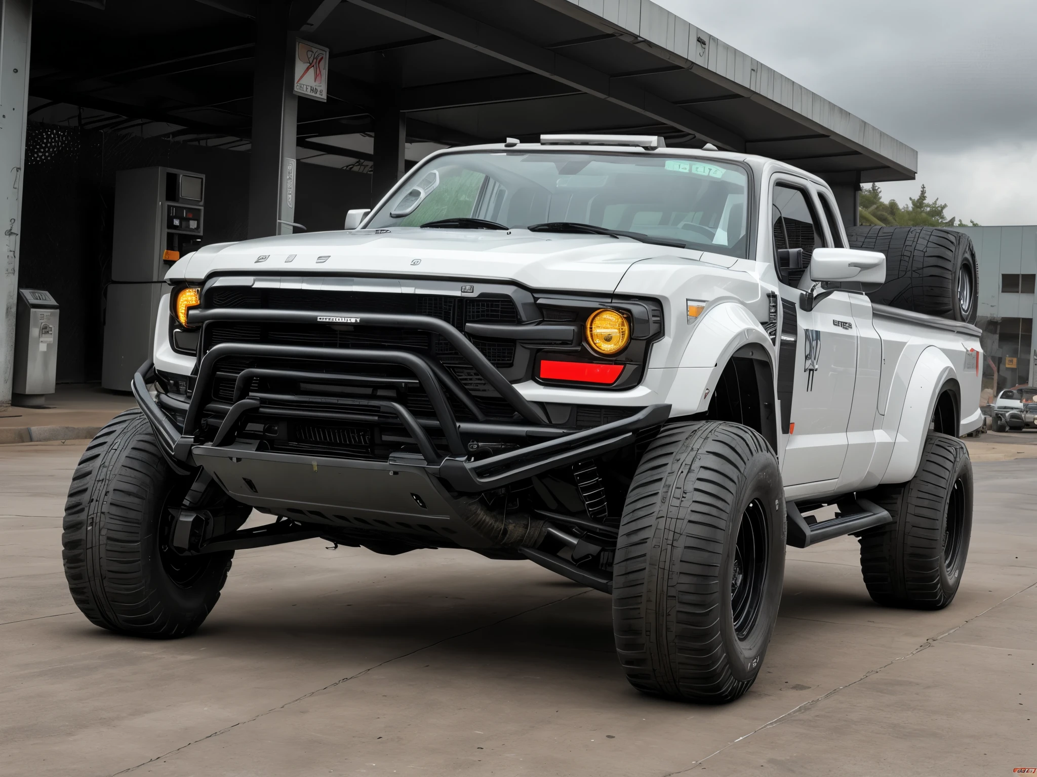 Front view by 3/4 ((futuristic cyberpunk Pickup truck, low loader, white)) (with luminous tires), at parking area.,gas station at night.,