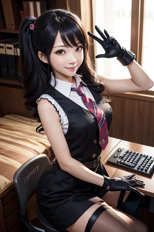 masterpiece, best quality, twitch-chan, hairclip, hair ornament, collared shirt, sleeveless, necktie, gloves, sitting behind a desk, looking at viewer, smile, waving, bedroom, bed, computer mouse, keyboard