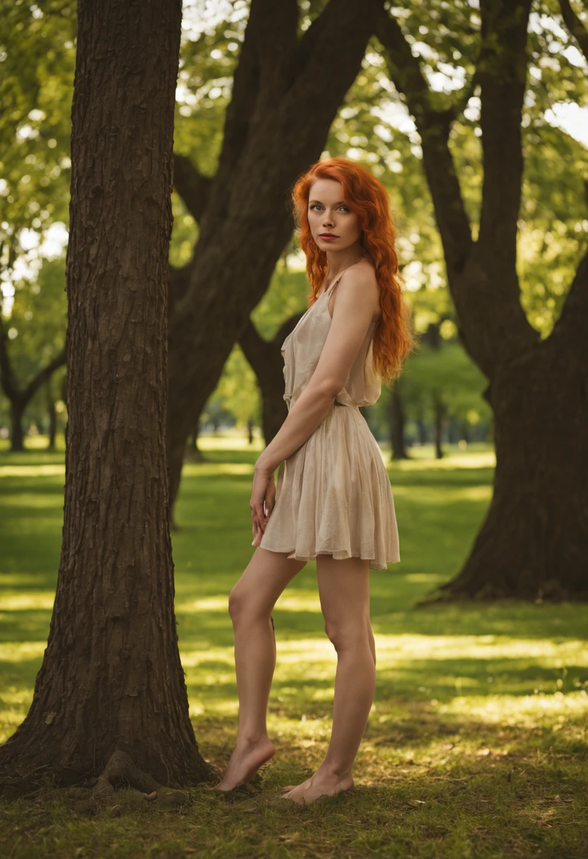 nude woman standing next to a tree in a park, in the park, in a park, in a city park, with a tall tree, next to a tree, at a park, redhead girl, with a tree in the background, cute young redhead girl, at the park, young and slender, in beautiful woods, trees in the background