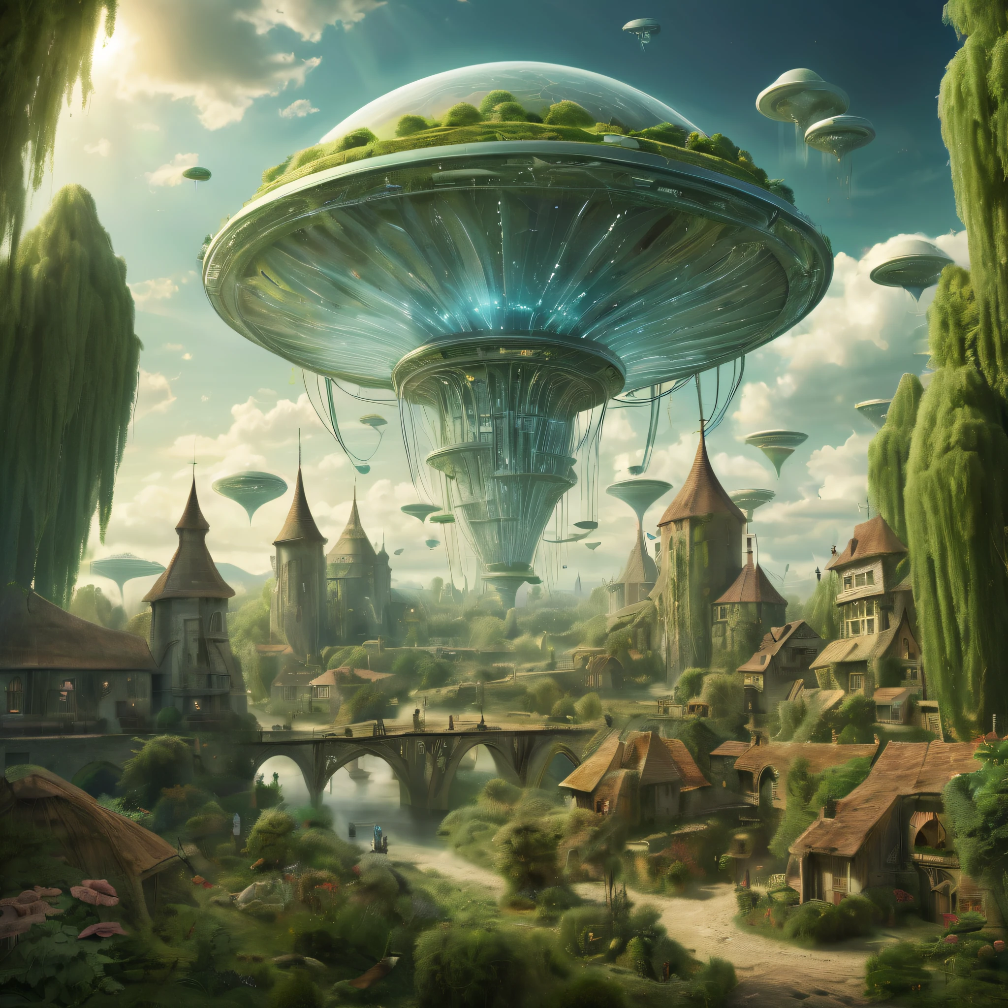 Ville agricole extraterrestre dans le ciel (scene of life) moulin futuriste vaisseaux dans le ciel