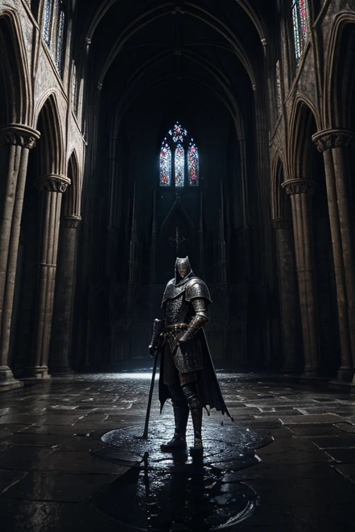 fisheye lens, portrait photo of medieval knight standing inside a gothic church, wet stone, puddles, infinite vaults, bloodborne, dramatic light, low key, candle light