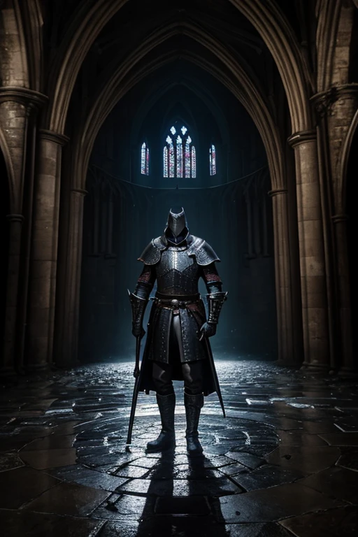 fisheye lens, portrait photo of medieval knight standing inside a gothic church, wet stone, puddles, infinite vaults, bloodborne, dramatic light, low key, candle light