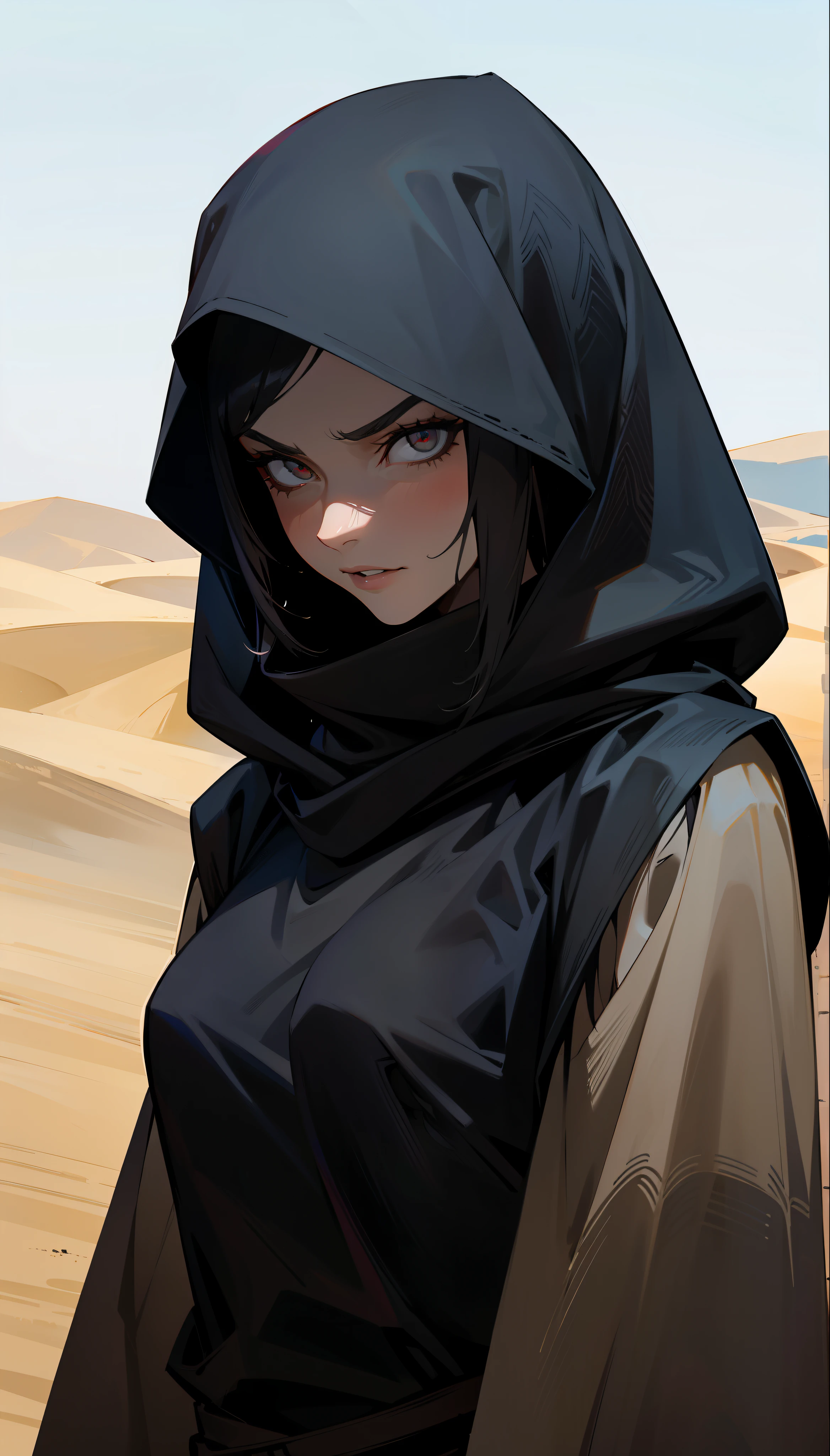 a cool female assassin wearing shrouded black clothes in the desert, a menacing look on her face. mature female, sharp eyes, beautiful, dark skin, Arabian woman, dark hair