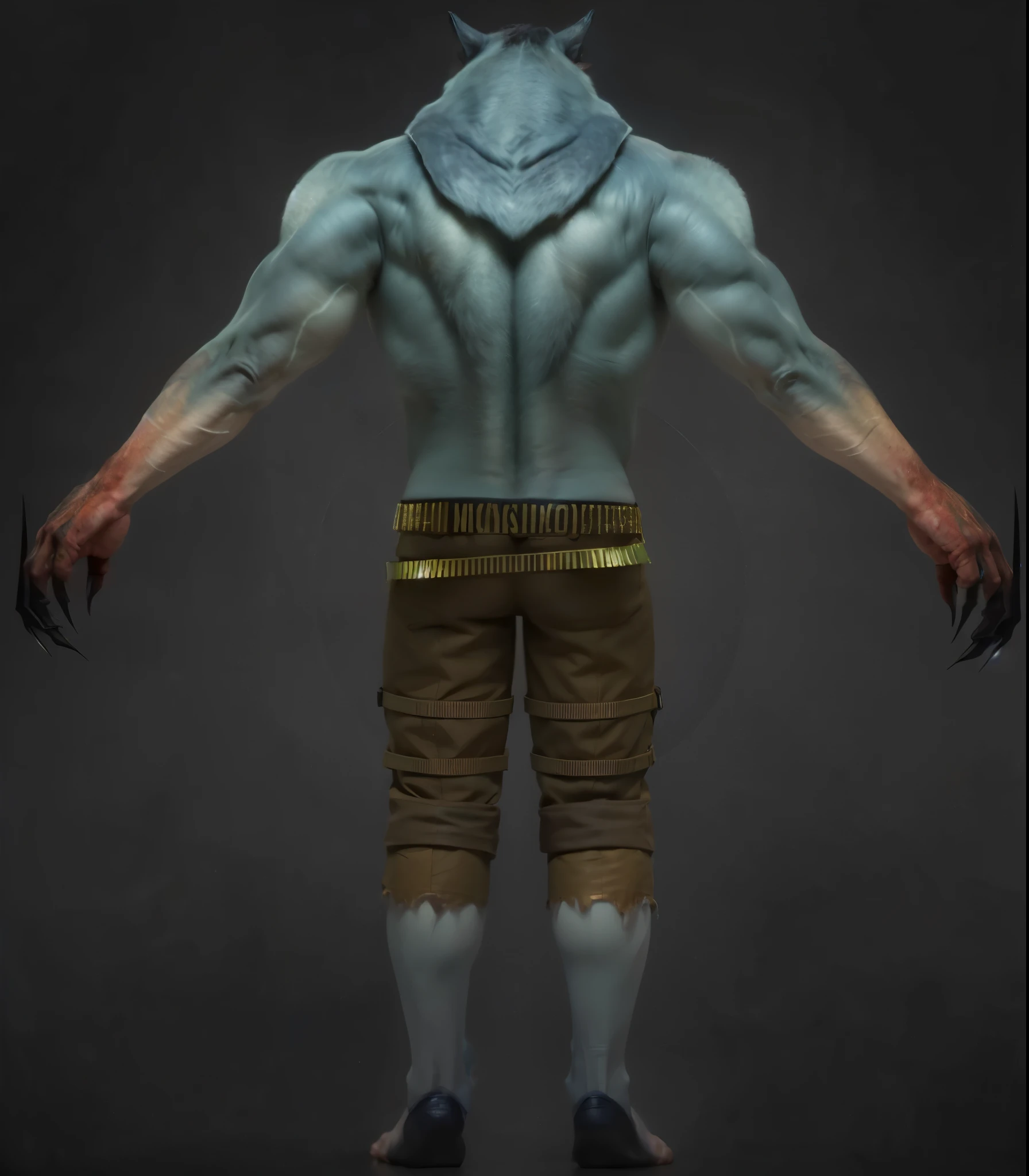 (masterpiece),(best quality:1.0),(ultra high resolution:1.0),monster, werewolf, blue hair, blue eyes, torn pants, hair on legs, menacing look,claws, fangs, wolfteam, face focus, 8k wallpaper, full body